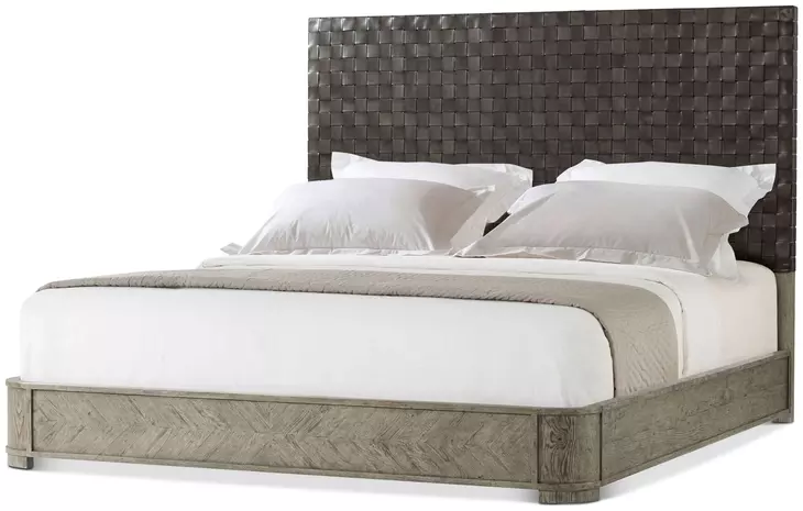 Echoes Gray Echo Oak and Black Leather California King Upholstered Panel Bed