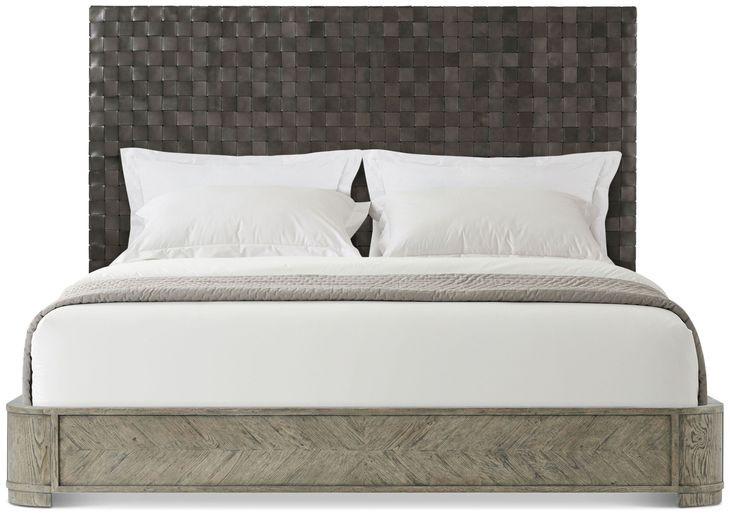Echoes Gray Echo Oak and Black Leather California King Upholstered Panel Bed