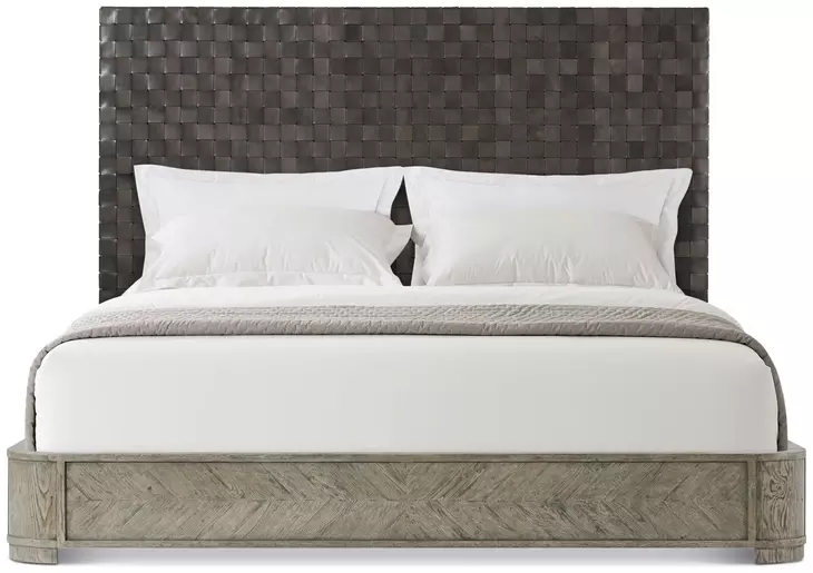 Echoes Gray Echo Oak and Black Leather California King Upholstered Panel Bed