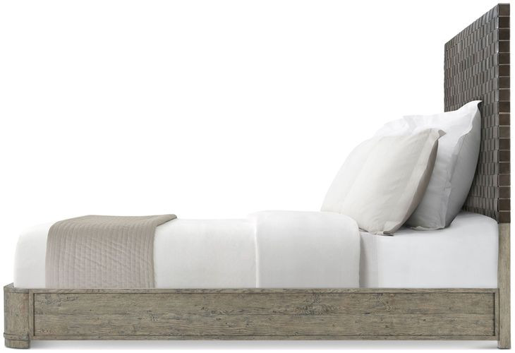 Echoes Gray Echo Oak and Black Leather California King Upholstered Panel Bed