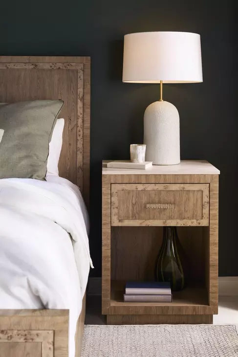 Monterey Hawthorne Light and Beige 1 Drawer Small Travertine Top Nightstand