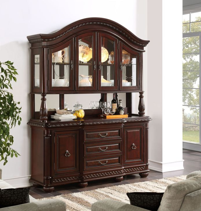 Antoinette Brown 3 Drawers 4 Glass Door Buffet and Hutch with LED lighting