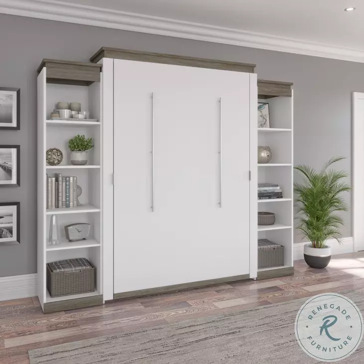 Orion White And Walnut Grey 104" Queen Murphy Bed With 2 Narrow Shelving Units