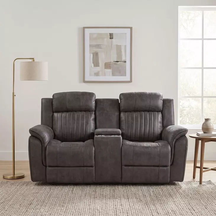 Centeroak Gray 74" Double Reclining Console Loveseat