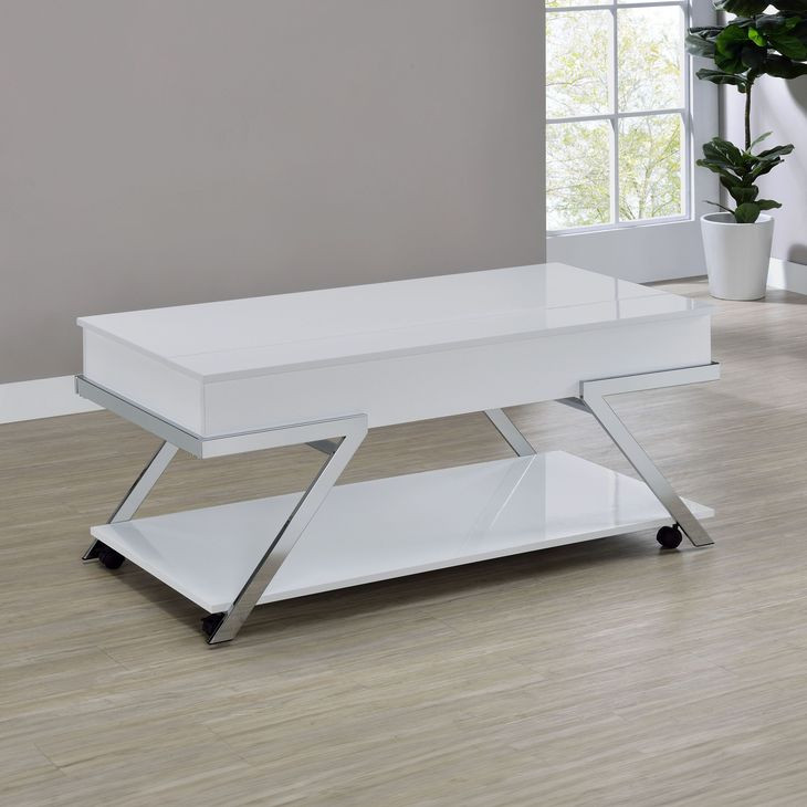 Zena White Rectangular Lift Top Cocktail Table with Casters