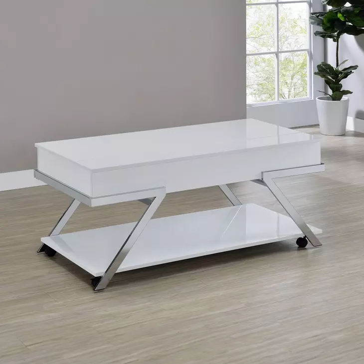 Zena White Rectangular Lift Top Cocktail Table with Casters