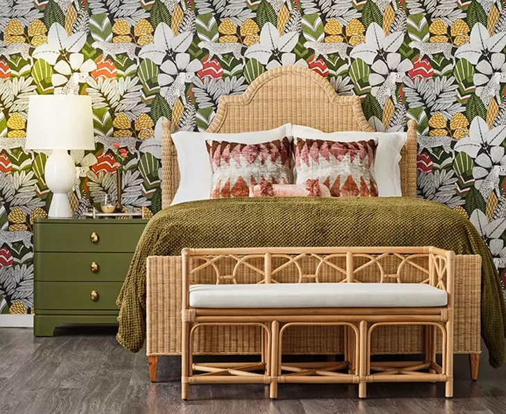 Chamberlain Natural Rattan Queen Panel Bed With Arched Headboard