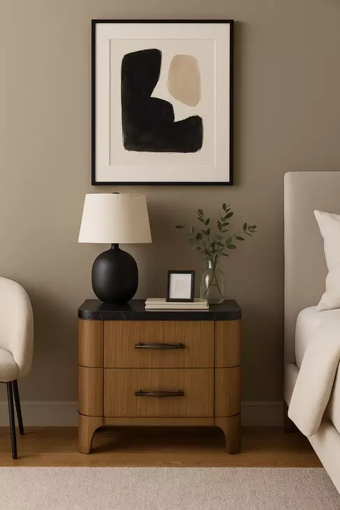 Blue Mallee Brown and Black 2 Drawer Stone Top Nightstand with USB Charging