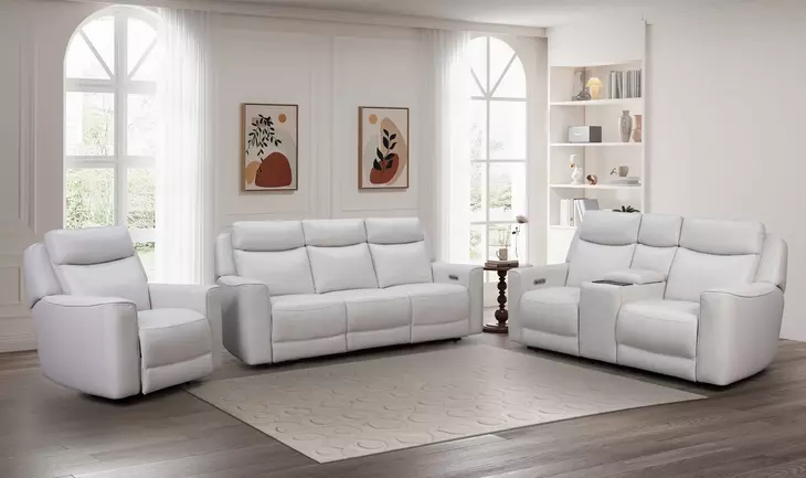 Chester Denisa Soft White Leather Power Reclining Living Room Set with Power Lumbar and USB Charging