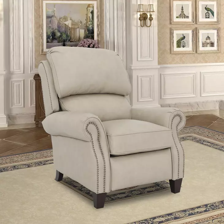Churchill Cashmere Stone Leather Push Thru The Arms Recliner with Nailhead Trim