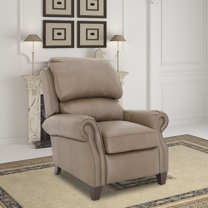 Churchill Cashmere Taupe Leather Push Thru The Arms Recliner with Nailhead Trim