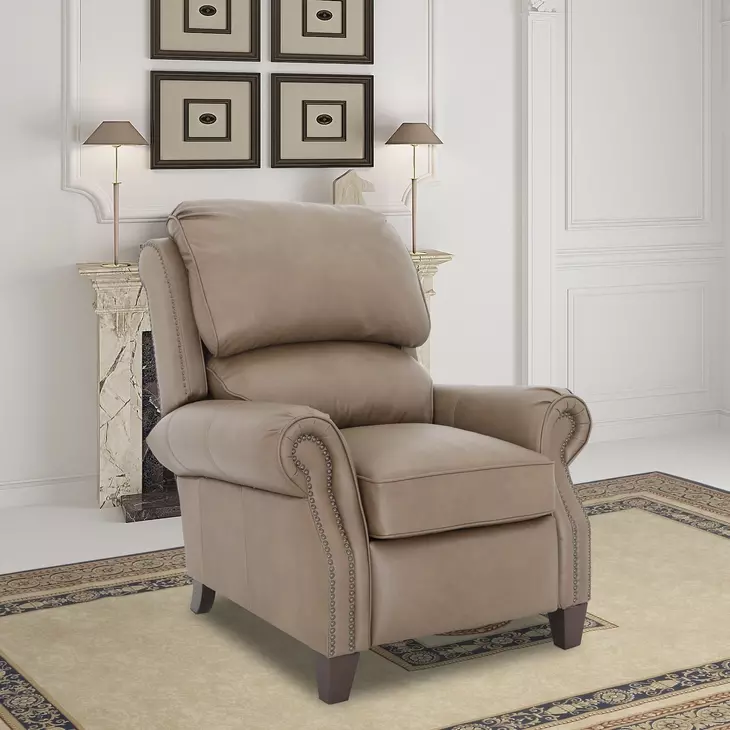 Churchill Cashmere Taupe Leather Push Thru The Arms Recliner with Nailhead Trim