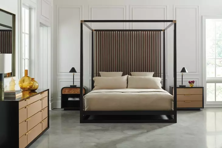 Pinstripe Dark Chocolate and Rich Walnut Queen Canopy Bed