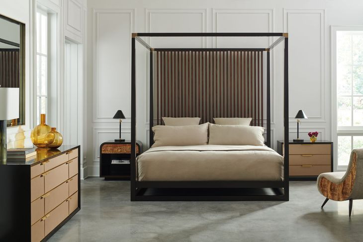 Pinstripe Dark Chocolate and Rich Walnut Queen Canopy Bed