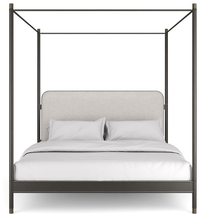 Campaign Brushed Deep Bronze and Champagne Gold Performance Fabric Upholstered King Canopy Bed