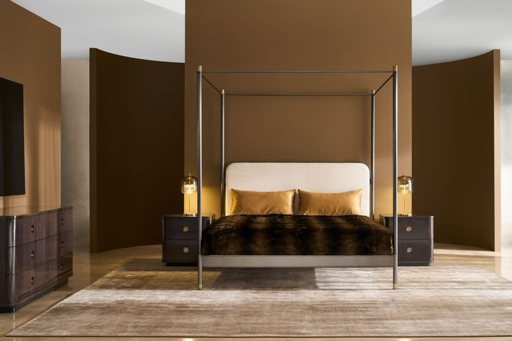 Campaign Brushed Deep Bronze and Champagne Gold Performance Fabric Upholstered King Canopy Bed