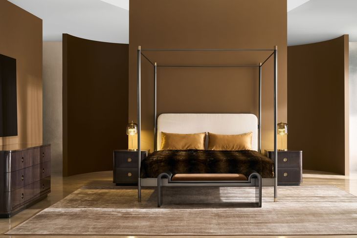 Campaign Brushed Deep Bronze and Champagne Gold Performance Fabric Upholstered King Canopy Bed