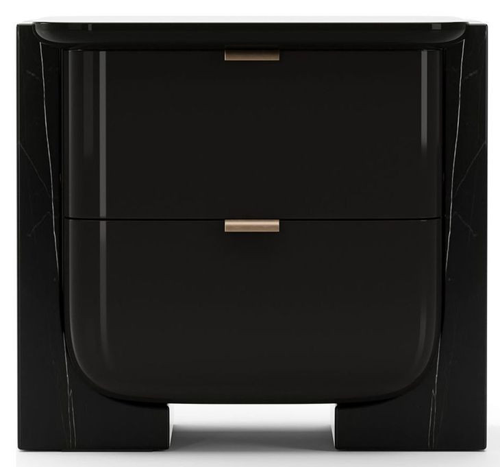 Overlap Piano Black and Nero Marquina 2 Drawer Small Nightstand