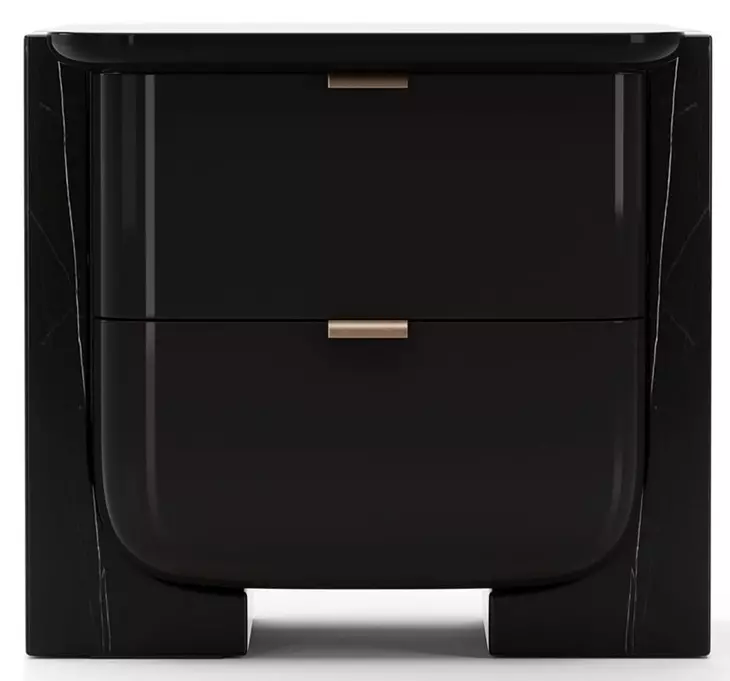 Overlap Piano Black and Nero Marquina 2 Drawer Small Nightstand