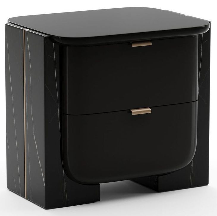 Overlap Piano Black and Nero Marquina 2 Drawer Small Nightstand