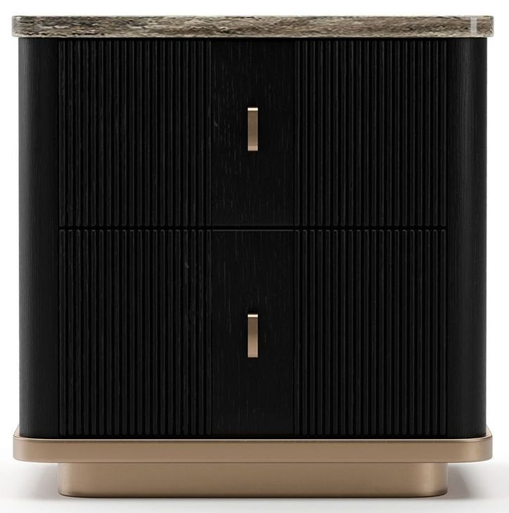 Rhythm Black Stained Ash and Neutral Metallic 2 Drawer Small Nightstand with Travertine Top