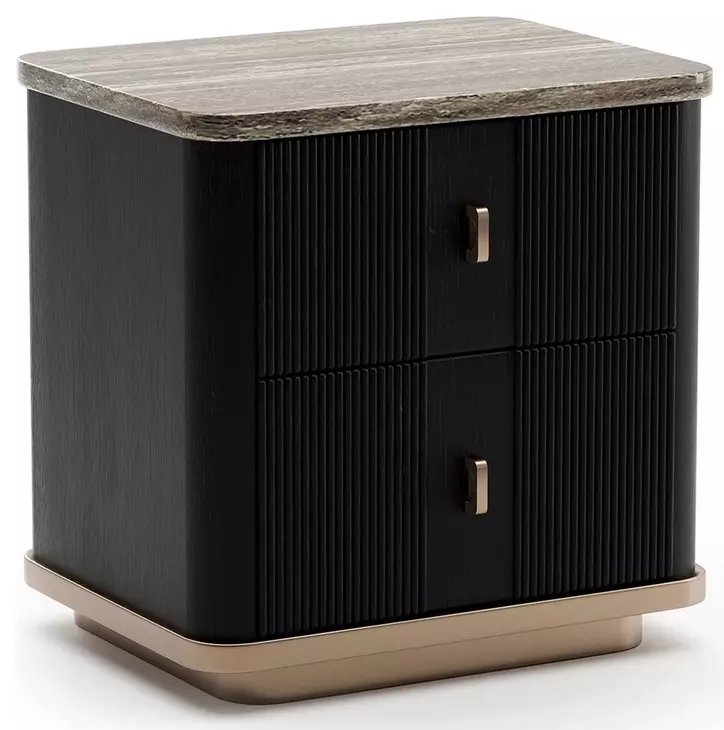 Rhythm Black Stained Ash and Neutral Metallic 2 Drawer Small Nightstand with Travertine Top