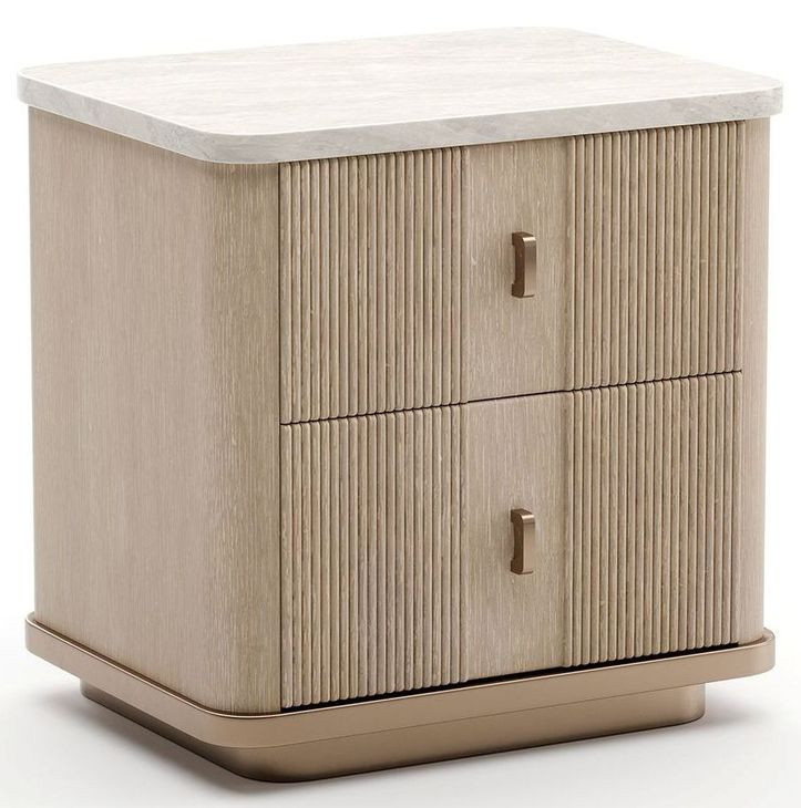 Rhythm Sun Drenched Oak and Neutral Metallic 2 Drawer Nightstand with Travertine Top