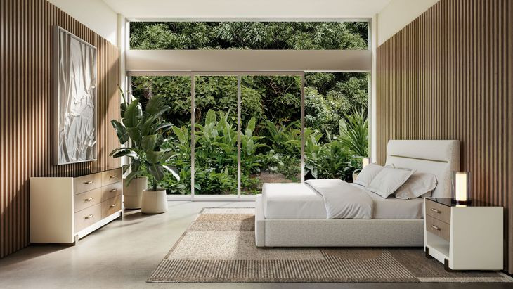 Counter Balance Oatmeal King Upholstered Panel Bed