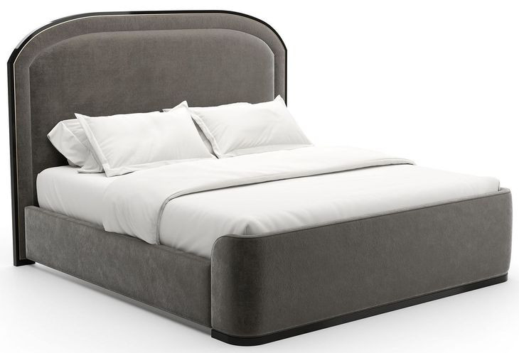 Wanderlust Pewter and Seal Skin Upholstered King Panel Bed