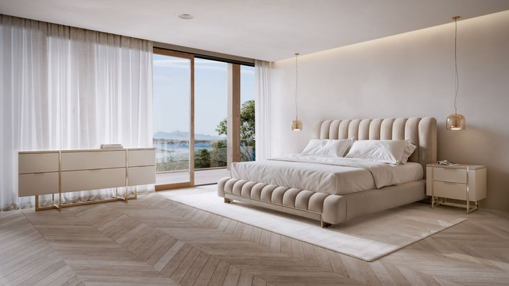 Well Balanced Ecru Velvet Upholstered Queen Panel Bed