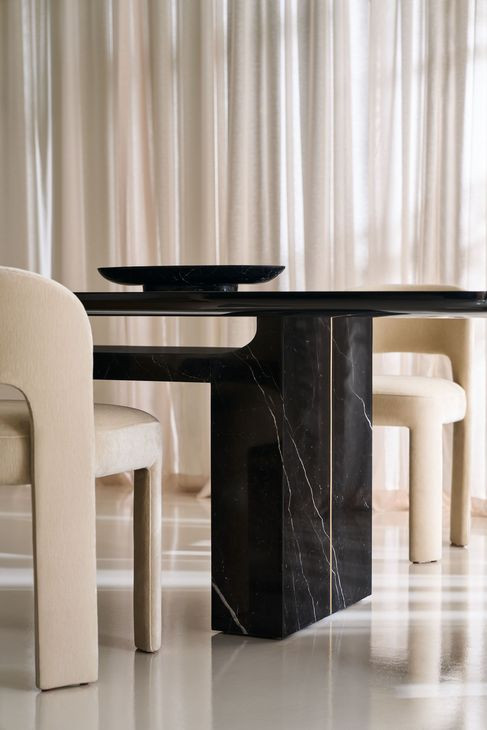 Overlap Piano Black and Nero Marquina Rectangular Dining Room Set