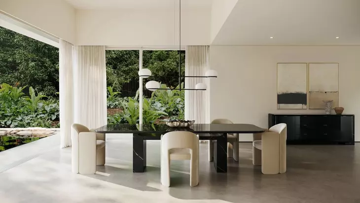 Overlap Piano Black and Nero Marquina 112" Rectangular Dining Table