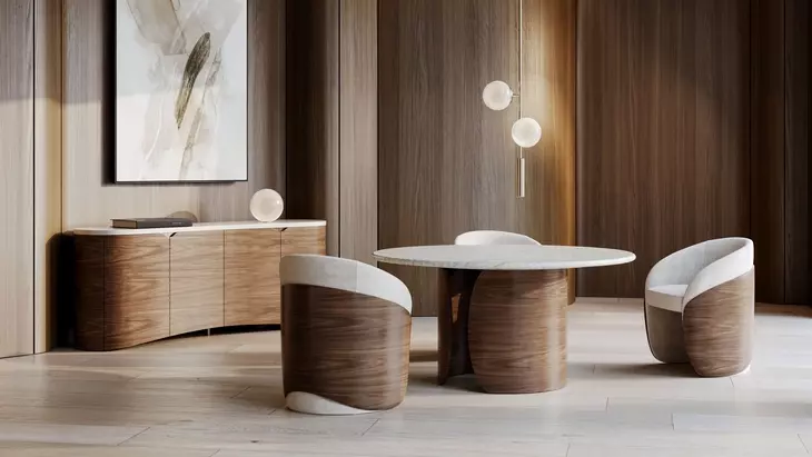 Fleur Porcini and Travertine 60" Round Dining Table