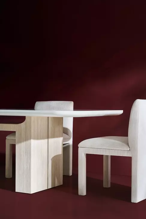 Overlap Latte and Travertine 112" Rectangular Dining Table