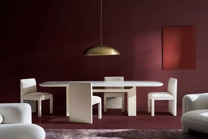 Overlap Latte and Travertine 112" Rectangular Dining Table