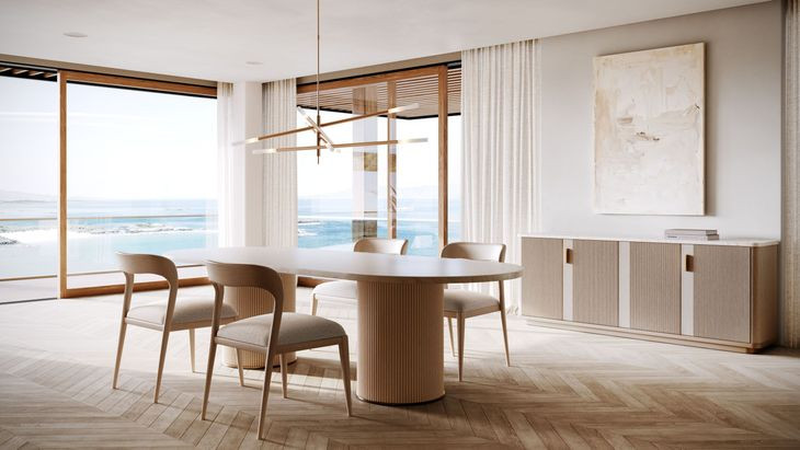 Rhythm Sun Drenched Oak and Travertine 112" Oval Dining Table