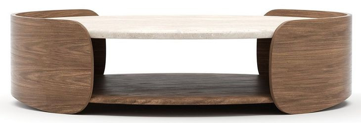 Fleur Porcini and Travertine Round Cocktail Table