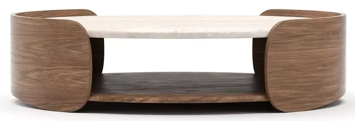 Fleur Porcini and Travertine Round Cocktail Table