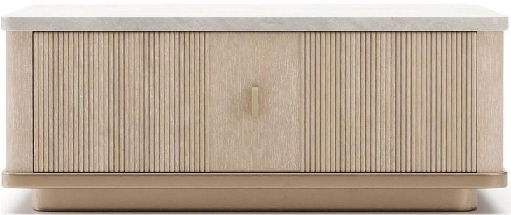 Rhythm Sun Drenched Oak and Neutral Metallic Square Cocktail Table with Travertine Top