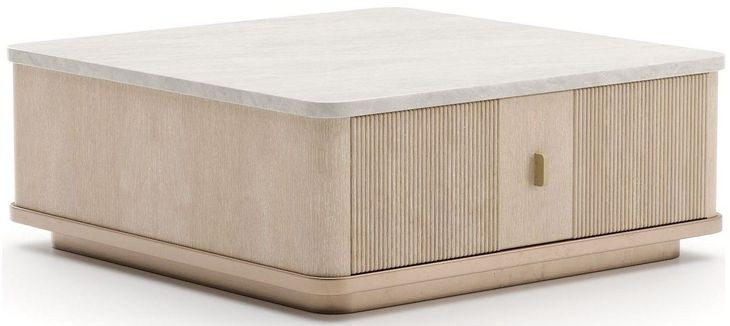 Rhythm Sun Drenched Oak and Neutral Metallic Square Cocktail Table with Travertine Top