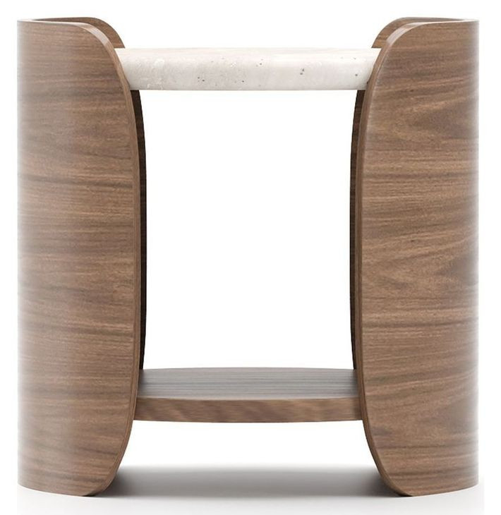 Fleur Porcini and Travertine Round Side Table