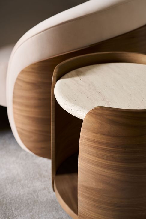 Fleur Porcini and Travertine Round Side Table