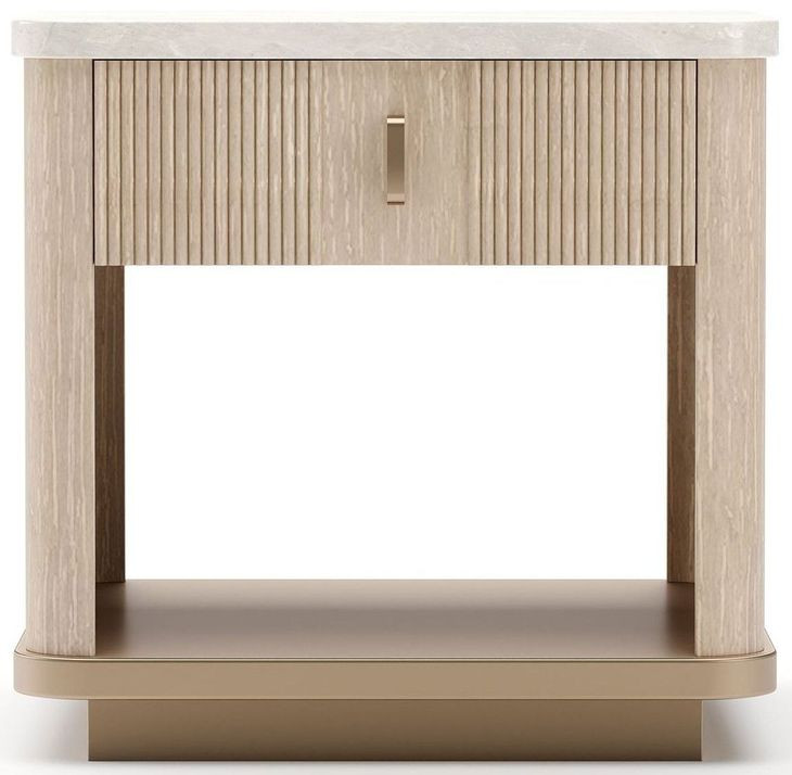 Rhythm Sun Drenched Oak and Neutral Metallic 1 Drawer End Table with Travertine Top