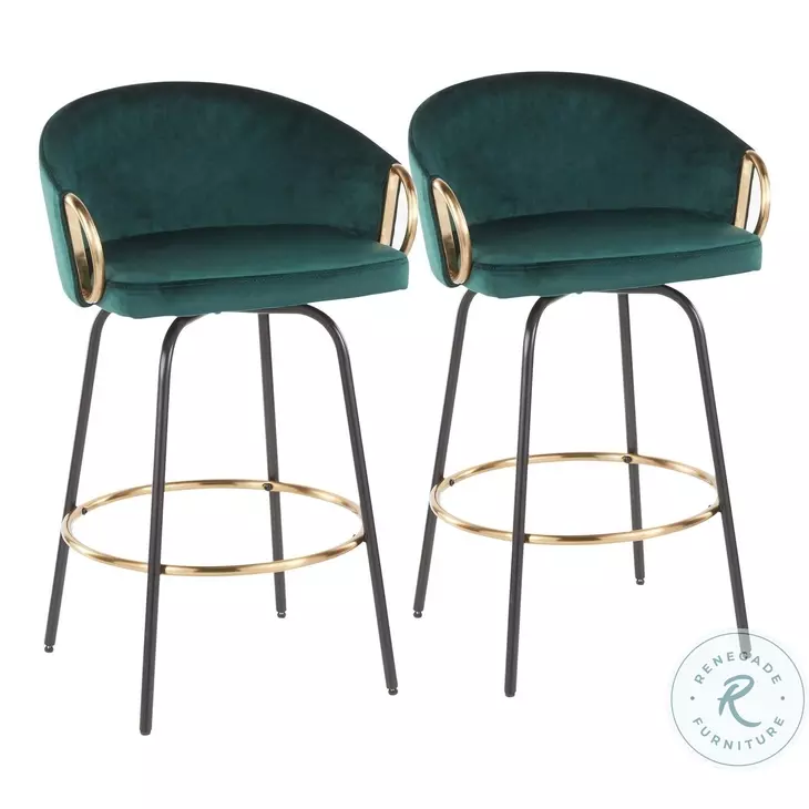 Claire Black Metal And Emerald Green Velvet With Gold Metal Accent Swivel Counter Height Stool Set Of 2