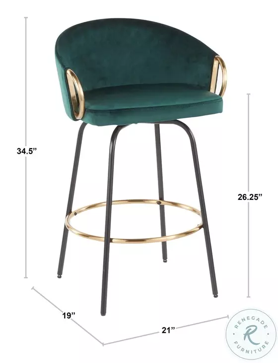 Claire Black Metal And Emerald Green Velvet With Gold Metal Accent Swivel Counter Height Stool Set Of 2