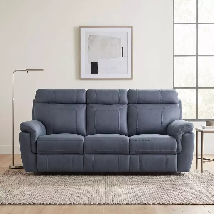Clifton Blue 85" Double Reclining Sofa With Drop Down Cup Holders