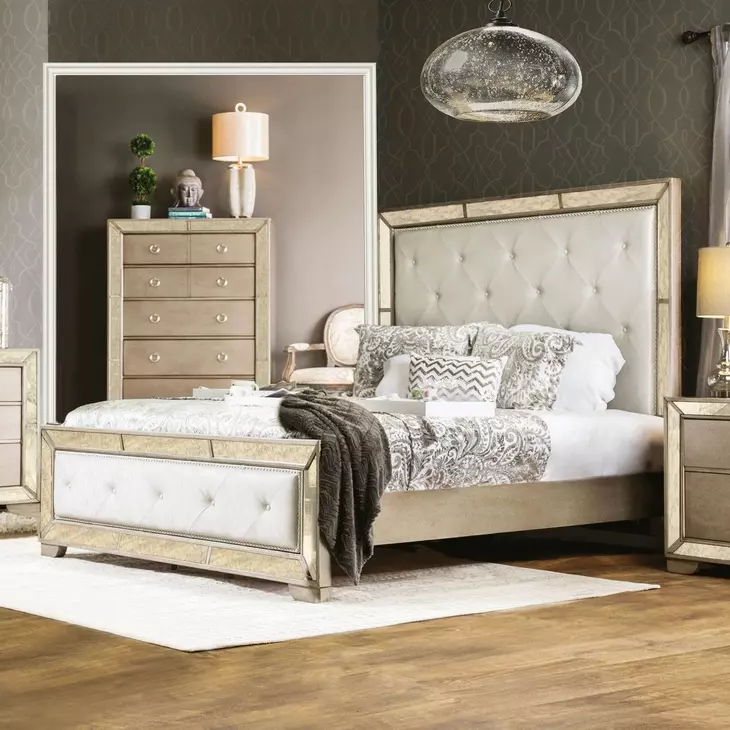 Loraine Champagne Queen Upholstered Panel Bed