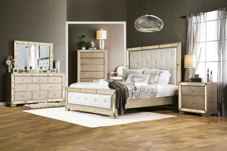 Loraine Champagne Queen Upholstered Panel Bed