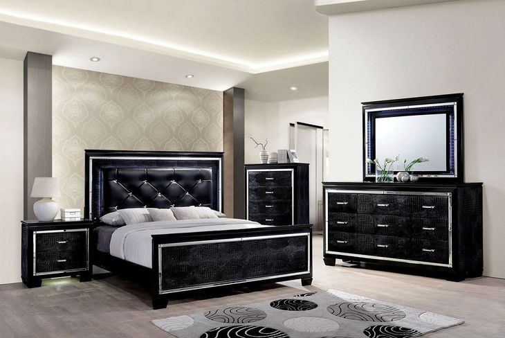 Bellanova Black Queen Upholstered Panel Bed with LED Light