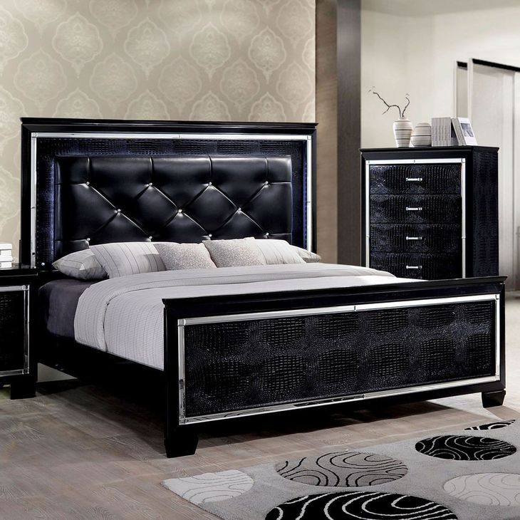 Bellanova Black Queen Upholstered Panel Bed with LED Light